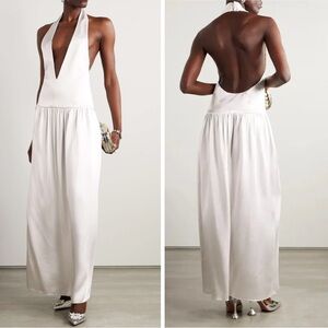 16ARLINGTON Salina Gown Silver Satin V-Neck Open Back Maxi Dress US 6 Formal NWT